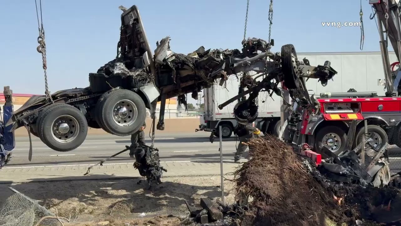 Semi Truck Crashes Through Fencing, Bursts into Flames, Destroys Tree Near Victorville Courthouse