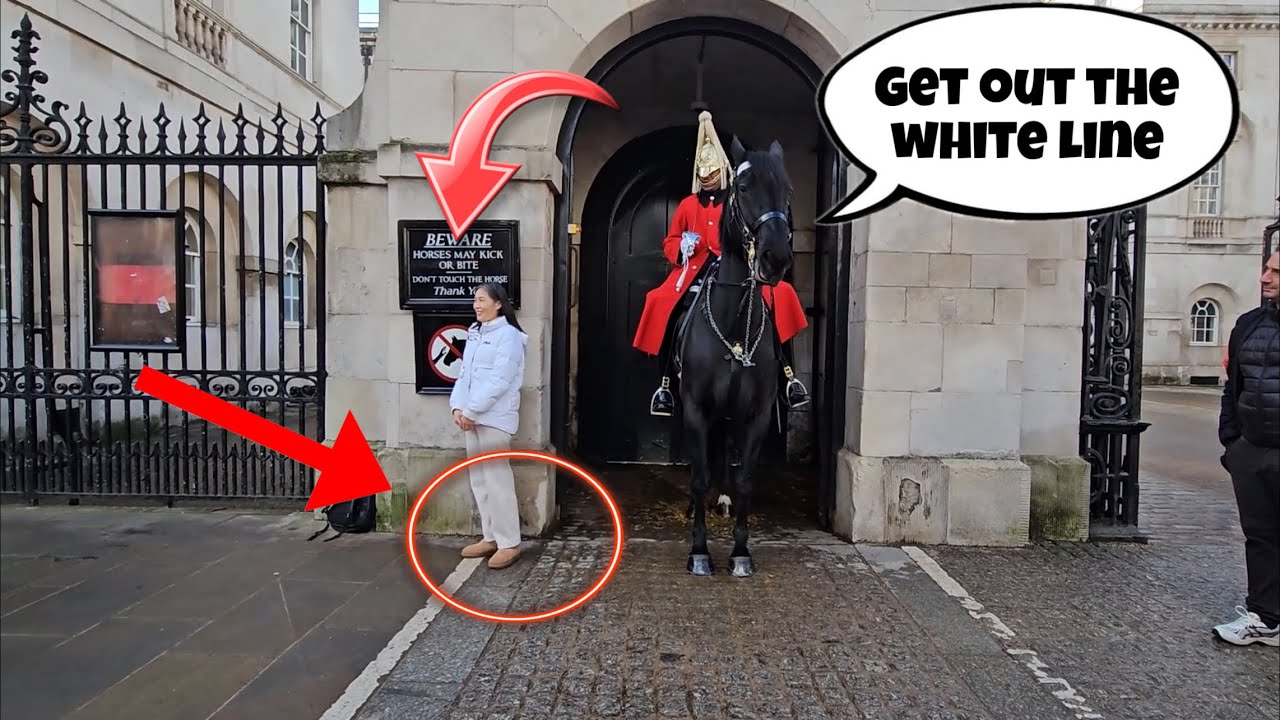 “Guard Warns Tourist to Get Out of the White Line at horse Guard. Royal Guard, Kings Guard.