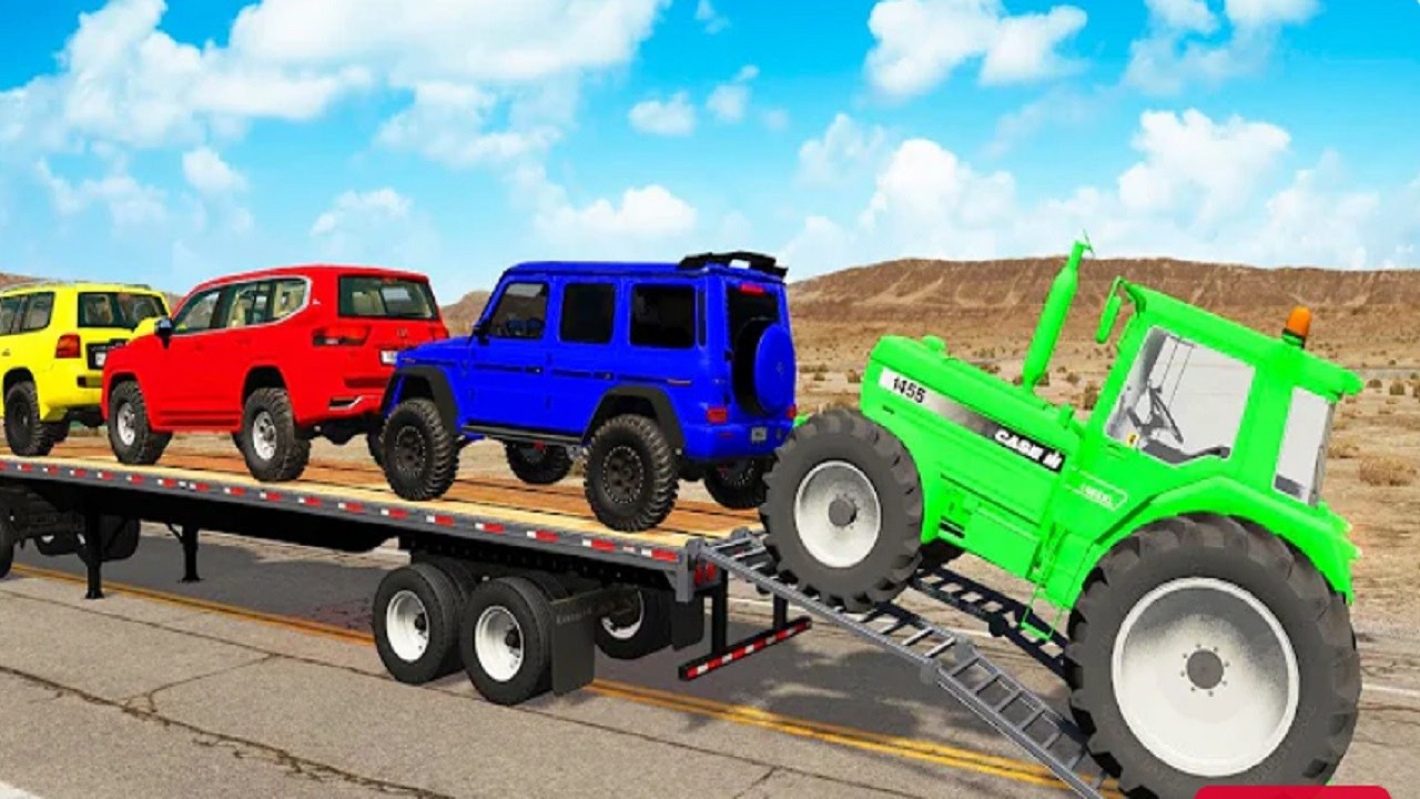 TRANSPORTING PIXAR CARS & FRUITS WITH COLORED & JOHN DEERE vs CLAAS vs TRACTORS - BeamNG.drive #983