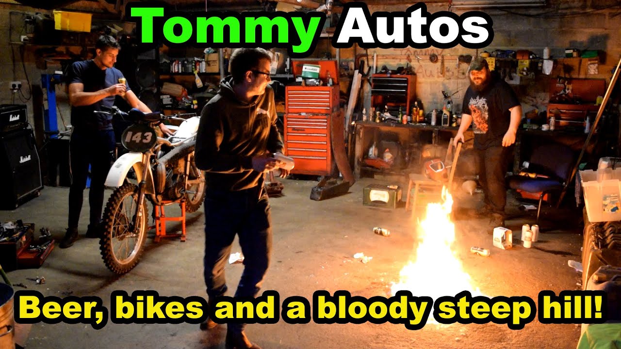 Some drunk blokes fettle a classic twinshock for a hillclimb ... Tommy Autos motorsport division