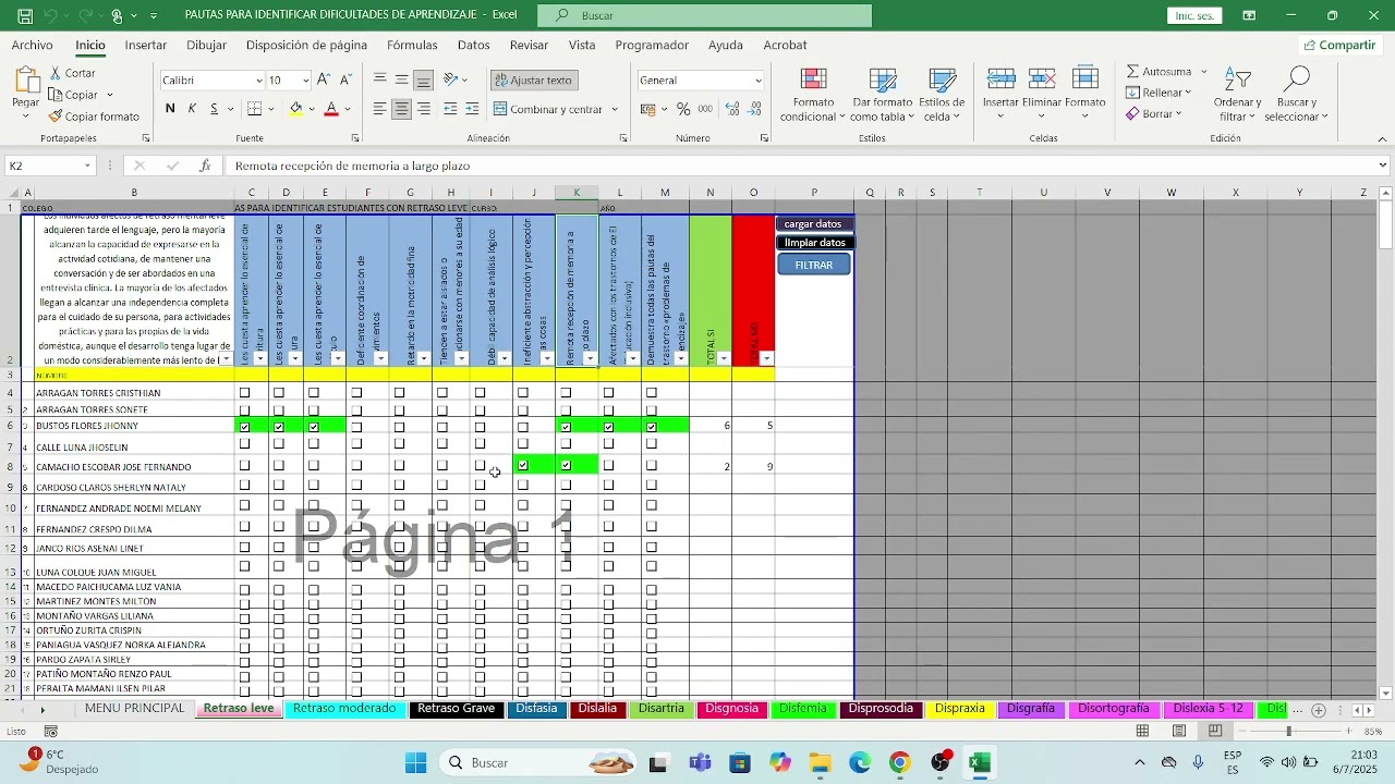 GESTION DE LISTAS MACROS EN EXCEL CHECK LIST EN PAUTAS PARA IDENTIFICAR DIFICULTADES DE APRENDIZAJE