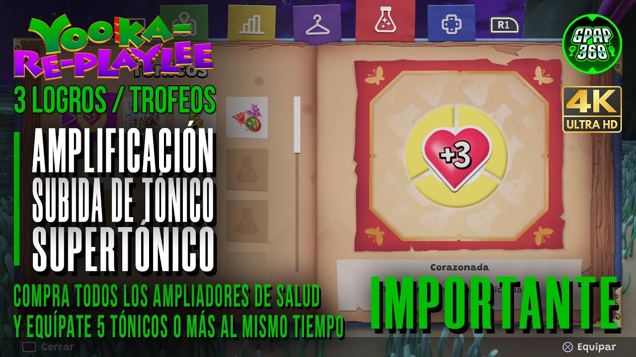 Yooka-Replaylee | 3 Logros / Trofeos: Amplificación y Supertónico (Ampliadores de salud y 5 tónicos)