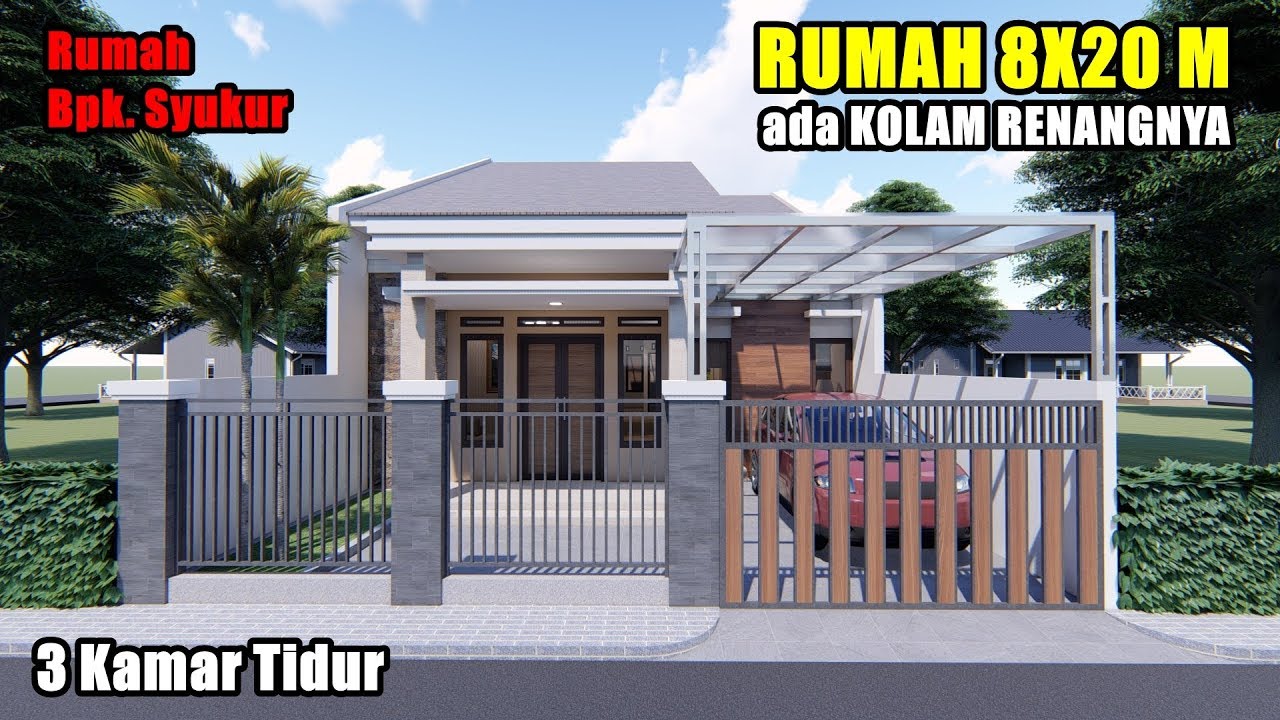 DESAIN RUMAH 8X20 M DENGAN KOLAM RENANG DAN 3 KAMAR TIDUR