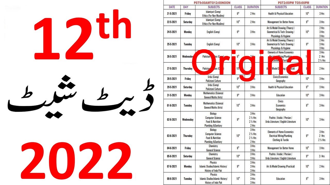 12th date sheet 2022, 2nd Year datesheet 2022, fsc datesheeet 2022, ICS atesheet 2022, fa datesheet