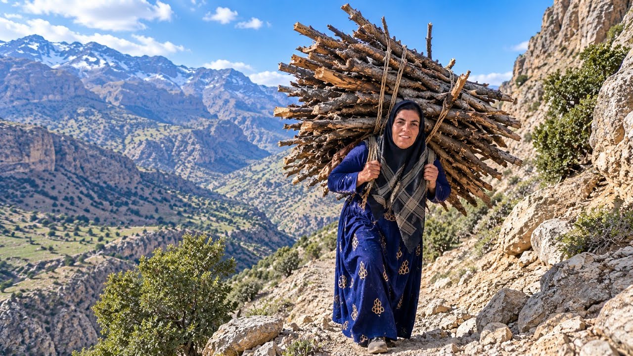 🏔️🪵 Ismat&rsquo;s Difficult Journey Through the Zagros Mountains | Carrying a Heavy Load of Firewood 🌿💪