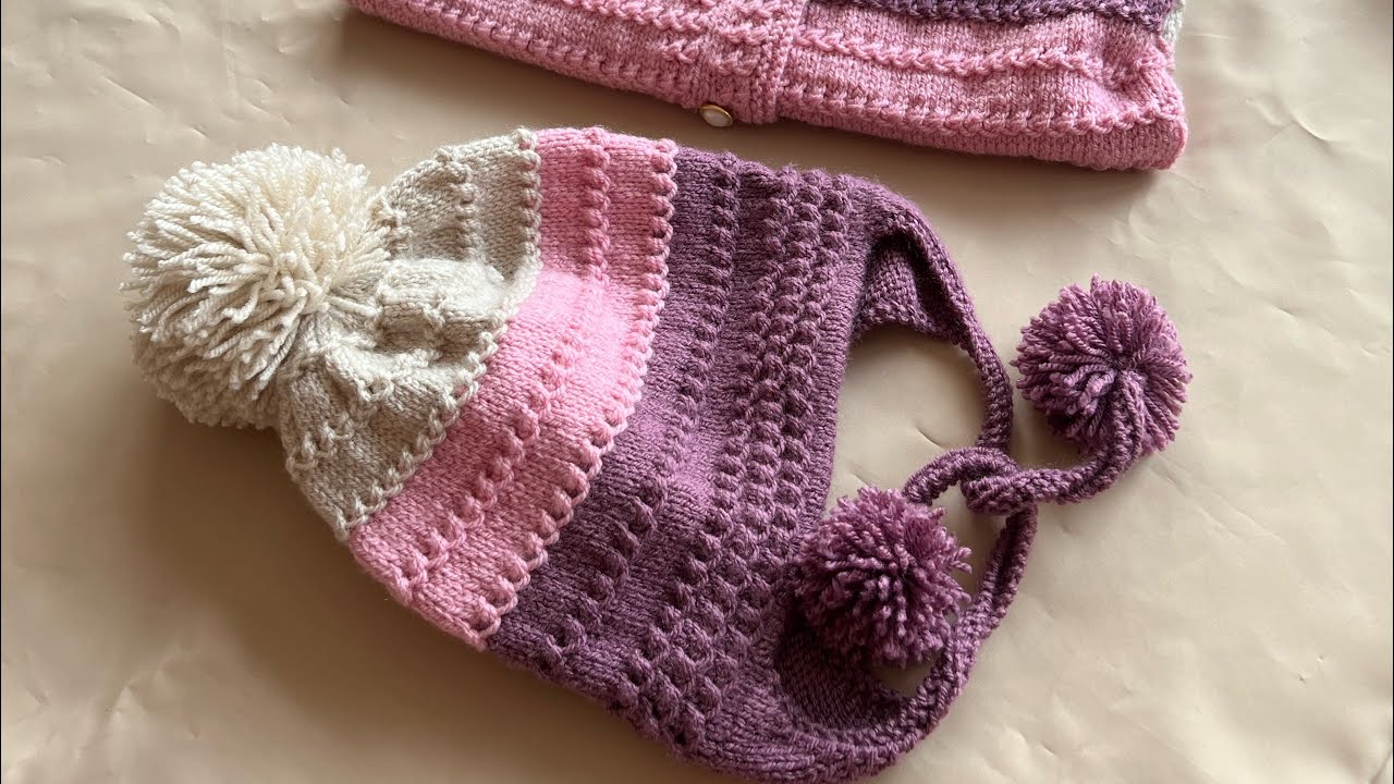 Knitted Hat (Topi Beanie) with Earflap and Pom Pom For Age 4-5 years - Step by Step Tutorial