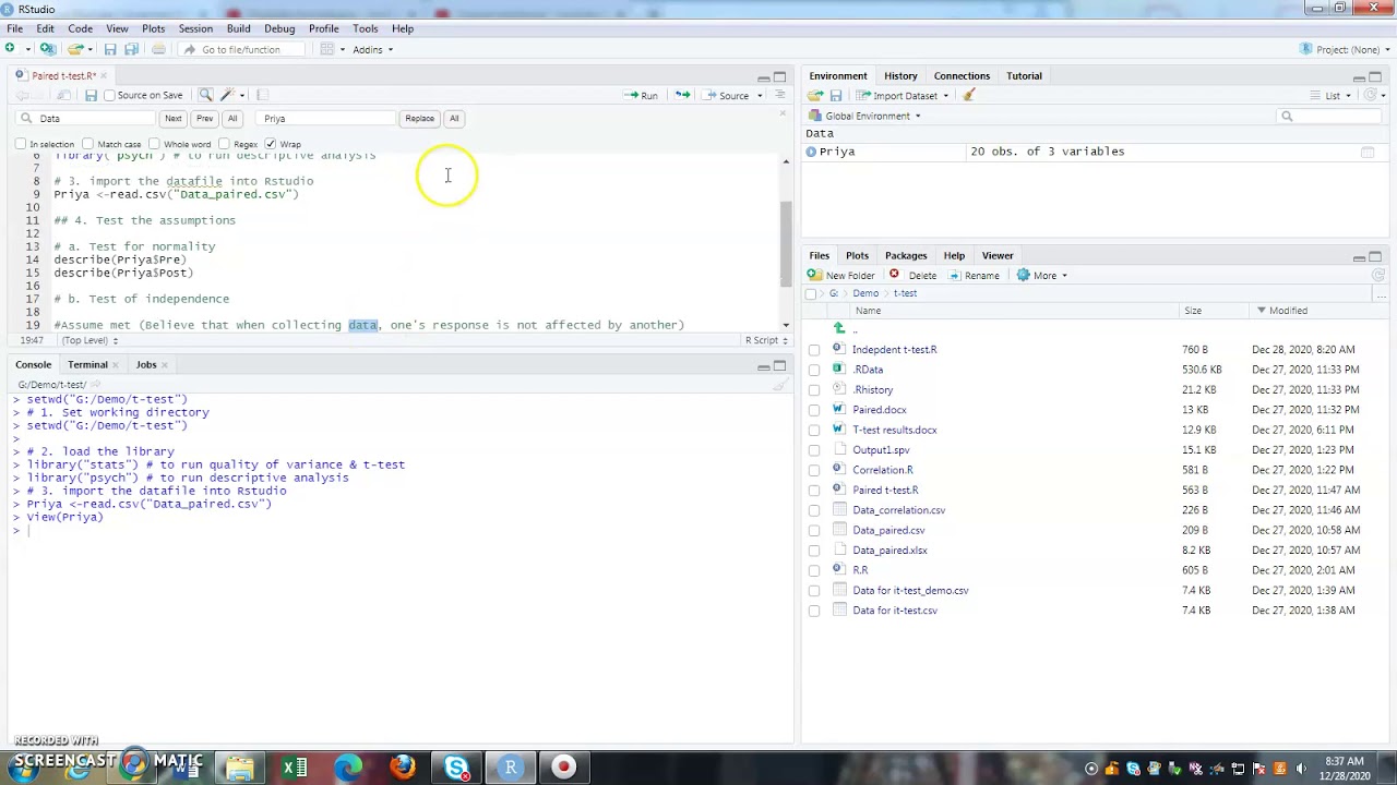 Paired sample t test using Rstudio
