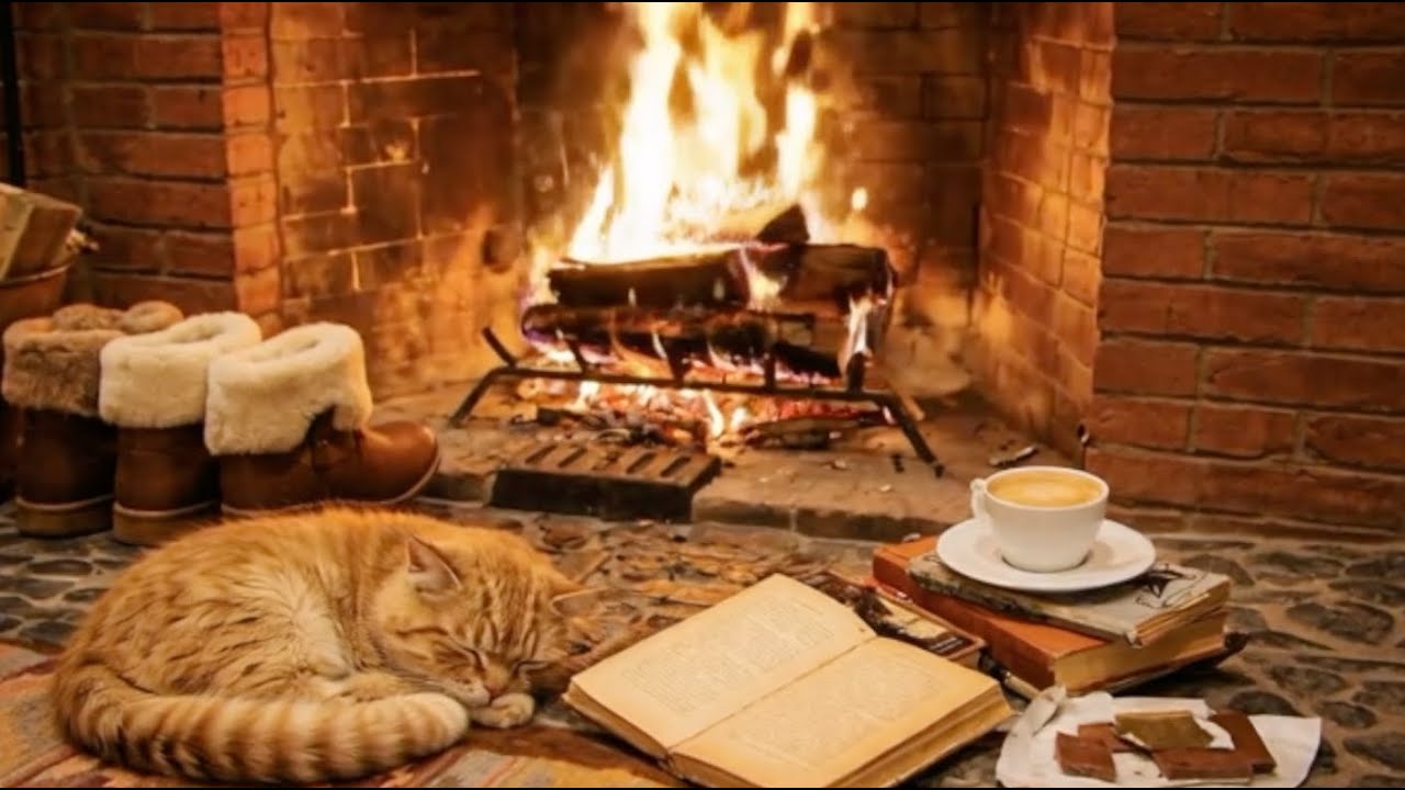 Accogliente suono del fuoco nel camino - Fireplace Sound, Sleeping Cat, ASMR for deep sleep relax