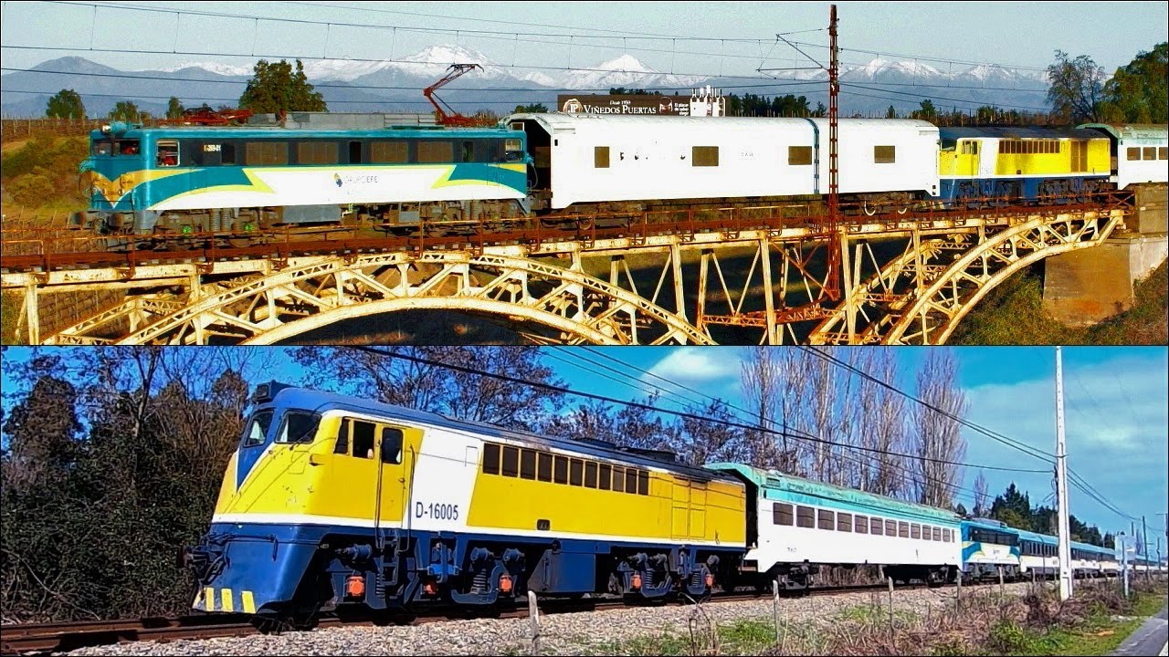 Tren de pruebas Santiago-Concepción con locomotora eléctrica E-269-01 y locomotora diesel D-16005