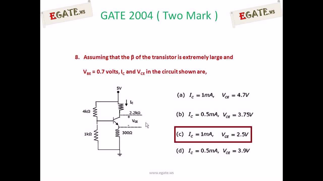 Video Solutions to GATE 2004 ECE (Two Mark) - BJT Transistor Biasing
