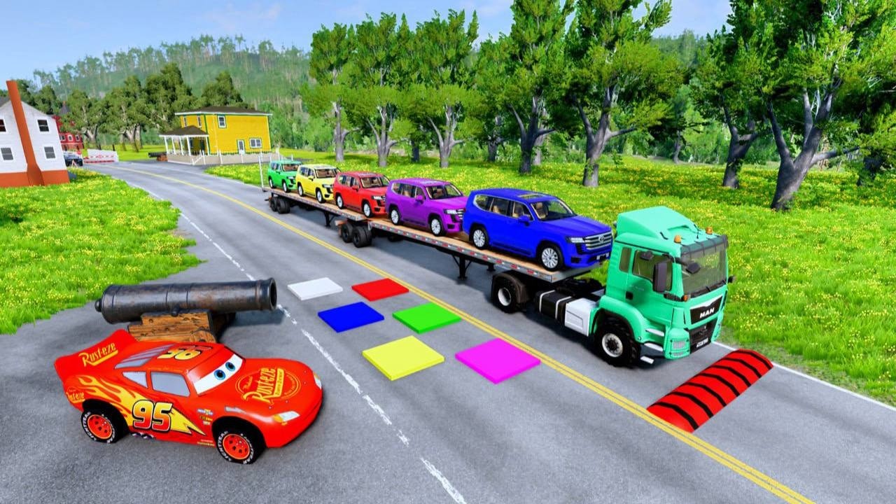 Flatbed Truck McQueen | Transportation with Truck - Pothole vs Car #118 | BeamNG.Drive Gameplay