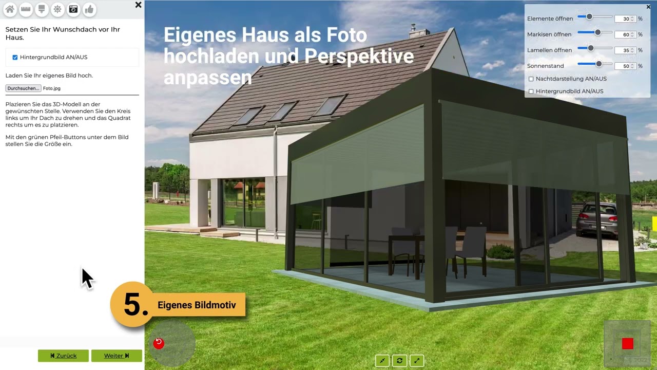 Plane mit dem Sonne am Haus 3D Konfigurator: Wintergarten, Sommergarten, Terrassendach