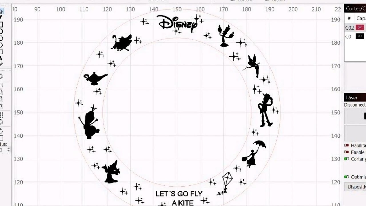 como diseñar y grabar la virola de Disney en un mate en lightburn / laser de diodo y fibra  óptica