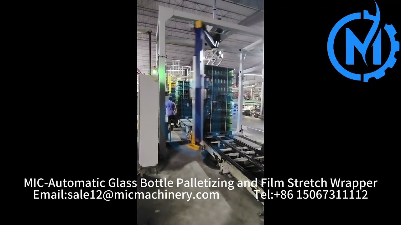 Automatic empty glass bottle palletizer and pallet stretch film wrapping machine wrapper