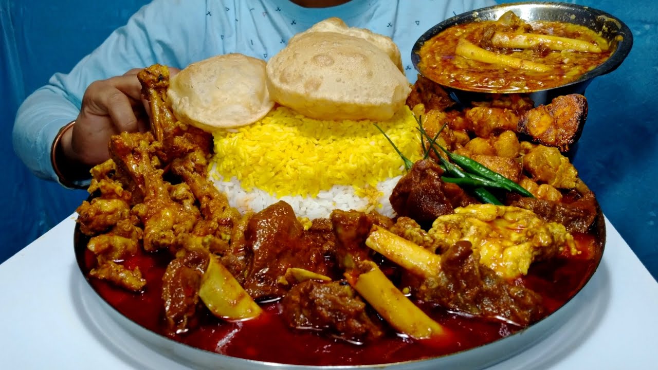Eating Keema Dal, Mutton Kasha, Chicken Feet Curry, Spicy Fish Curry, 2 Types Rice, Puri Mukbang