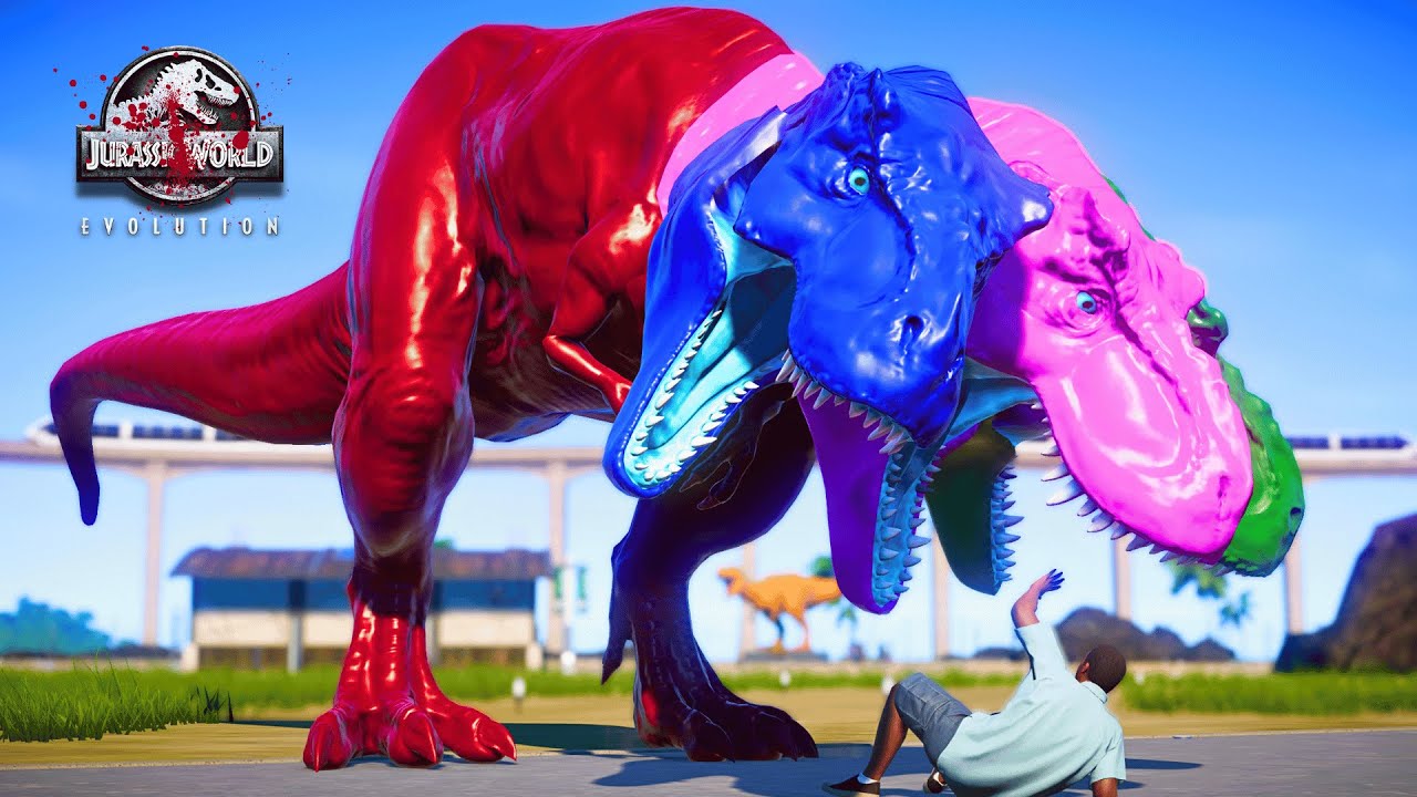 Colorful Tyrannosaurus Rex vs Blue Stegosaurus, Colorful Dinosaurs Fight Jurassic World Evolution