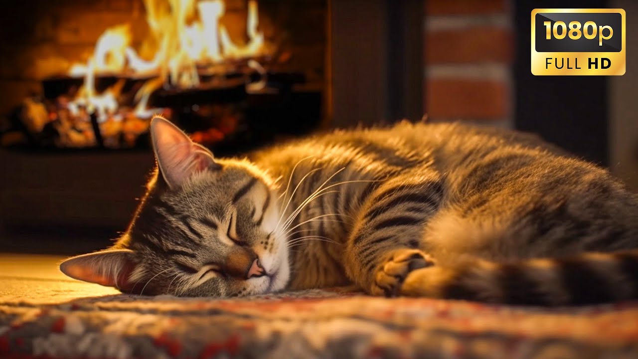 Relaxing with Purring Cat, Crackling Fireplace 🔥 Deep Sleep in Cozy Ambience, Stress Relief