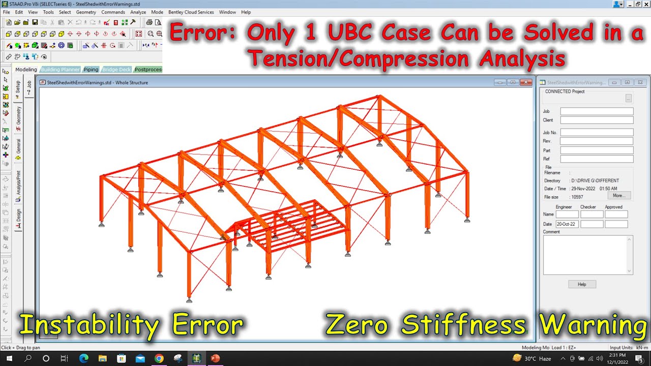 Solution of Important Staad Pro Issues | Instability | Zero Stiffness | Mass Source in Staad Editor