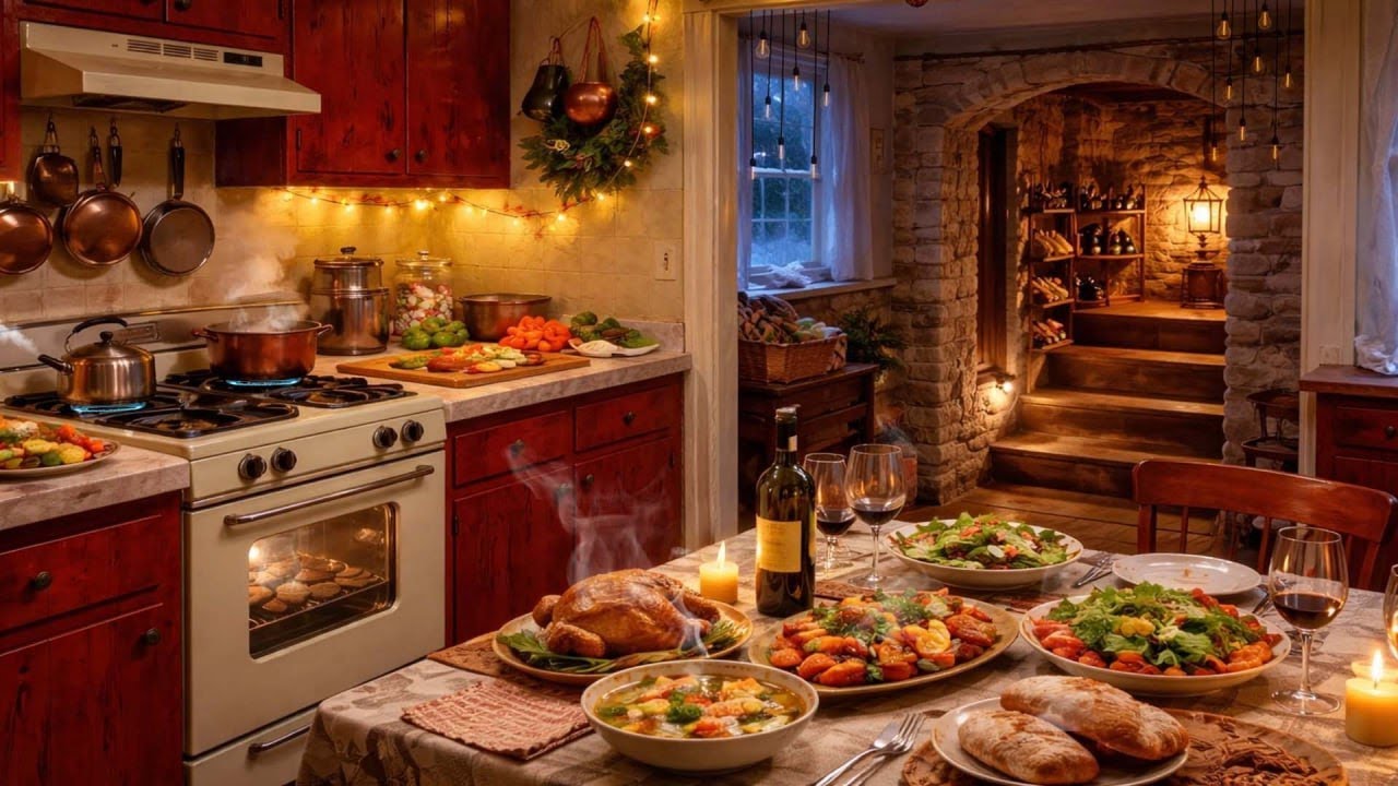Warm Kitchen in Winter ❄️ Cooking Sounds & Blizzard Ambience