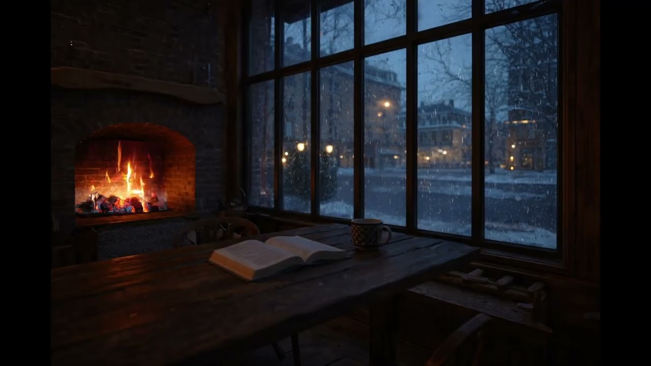 Snowy Winter Night Café Ambience ❄️ Fireplace & Soft Piano for Sleep, Study & Relax