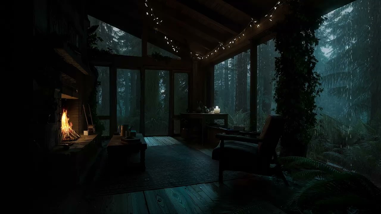 Cozy Cabin in The Misty Forest | Rain Sounds drop on Cabin Roof with Fireplace help for Relaxation