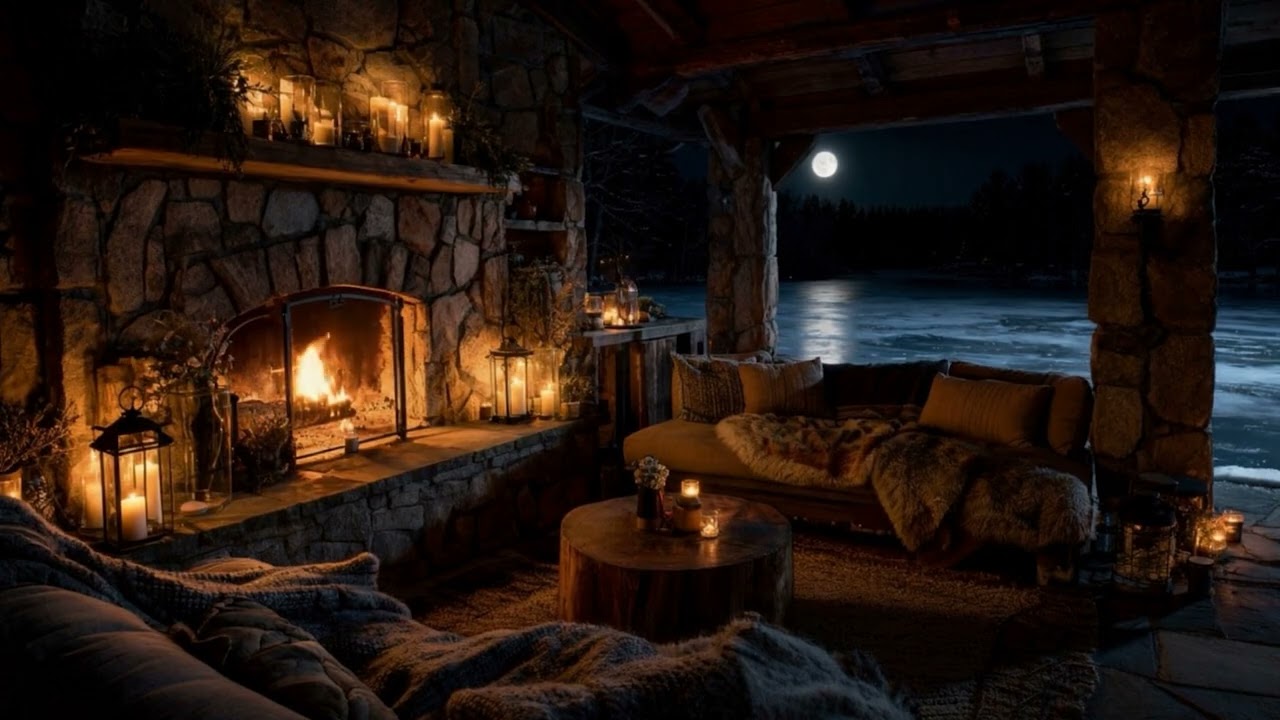 Winter Night Fireplace & Moonlight Lake 🌙🔥 | Brown Noise + Owls | 8H Sleep in 4K