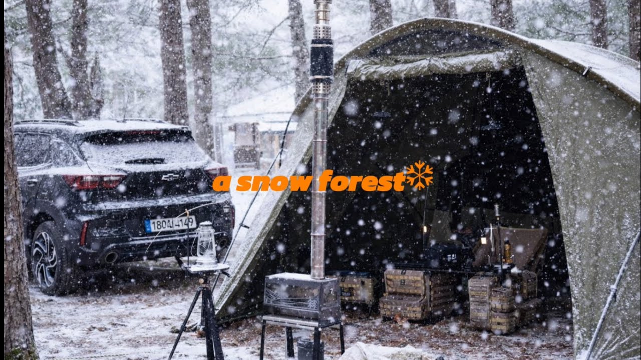 캠핑 브이로그 . 눈 내리는 숲속에서 화목난로와 브이타프로 따뜻한 겨울캠핑 만들기☃️