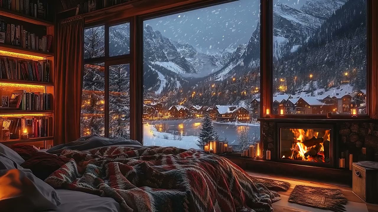 Tiefe Entspannung in einer gemütlichen Hütte mit Kaminfeuer und Schneegeräuschen