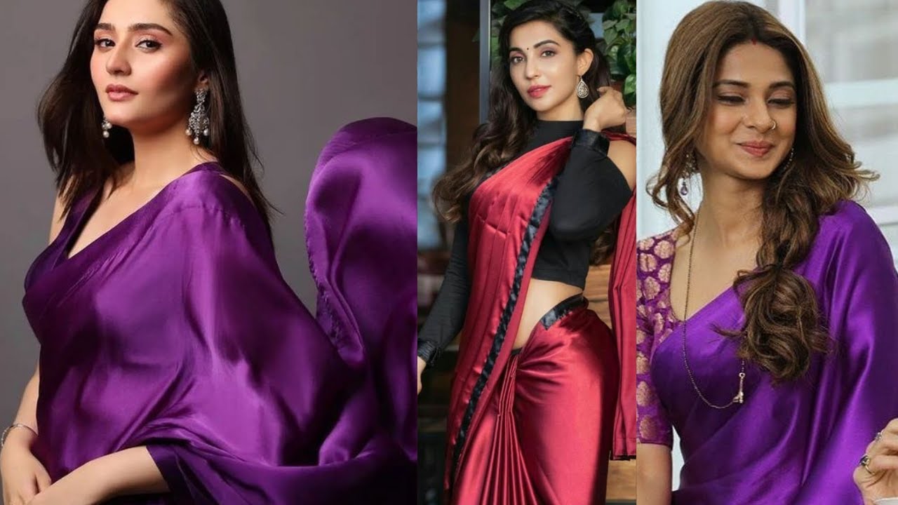 Plain satin saree with designer blouse ideas, How to style satin saree tip, Satin saree designs