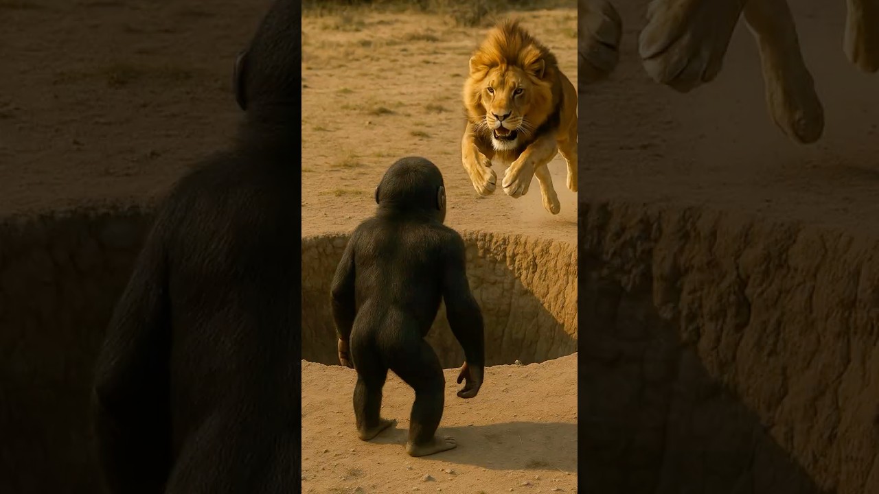 How did the smart little orangutan manage to successfully evade the attack of the lion?#Gorilla#Lion
