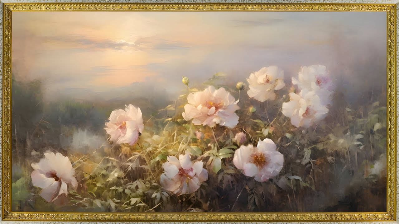 Peonies Patch on a Foggy Mountain Sunset, Impressionist Oil Painting | Framed Art Screensaver for TV