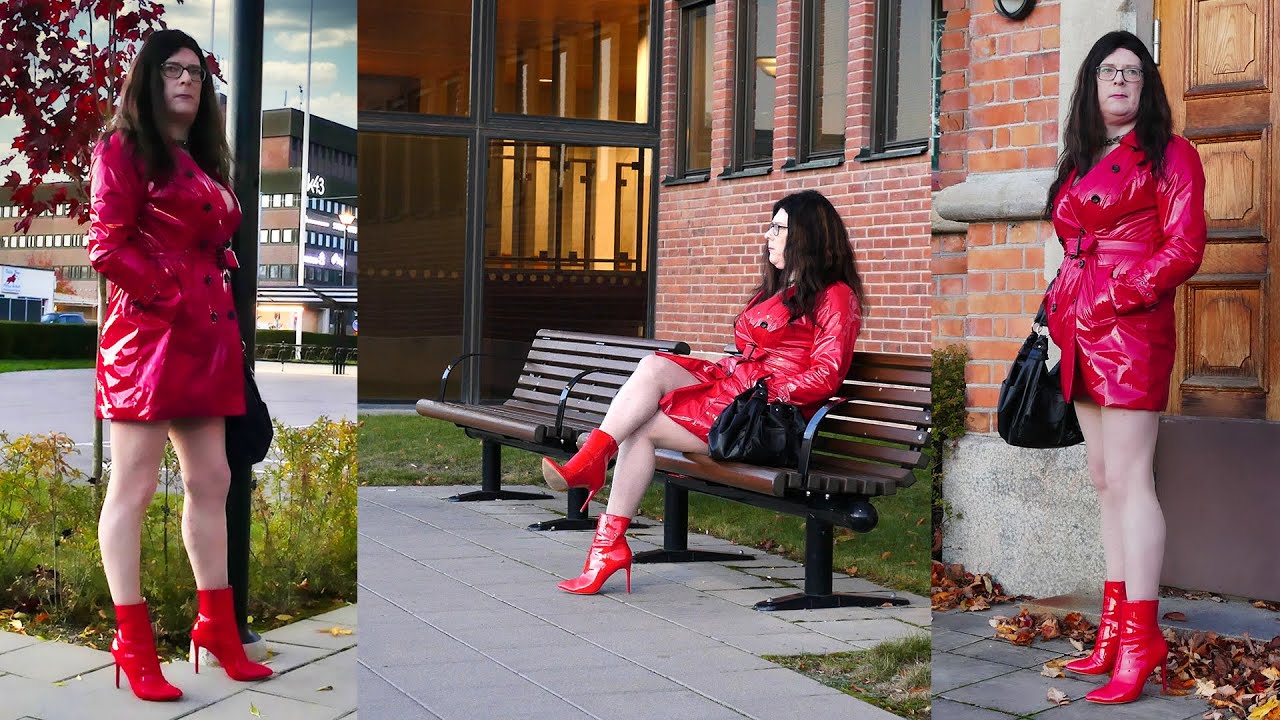 Jenny Crossdresser - Red shiny patent leather jacket and red patent leather high heel ankleboots