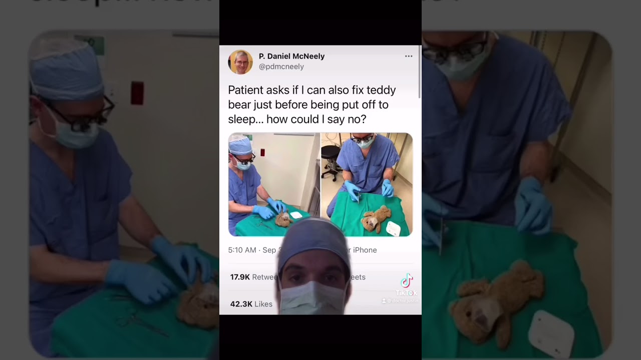 Surgeon stitches up patient's teddy bear in operating room