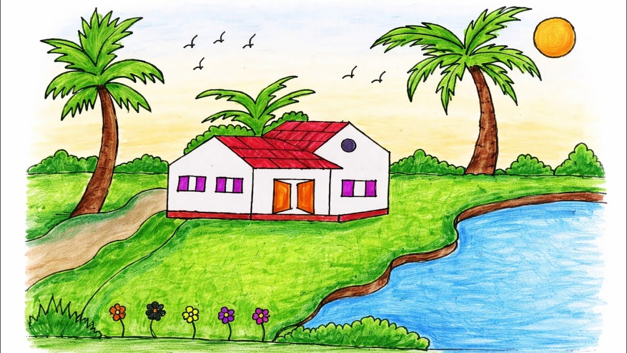 River side scenery drawing