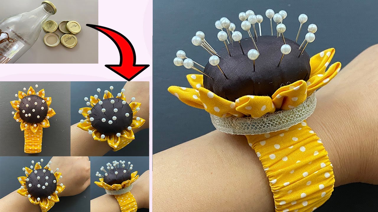 DIY Sunflower Pin Cushion with Bottle Cap | Pin Holder, How to Make a Wrist Pincushion | Porta-pinos