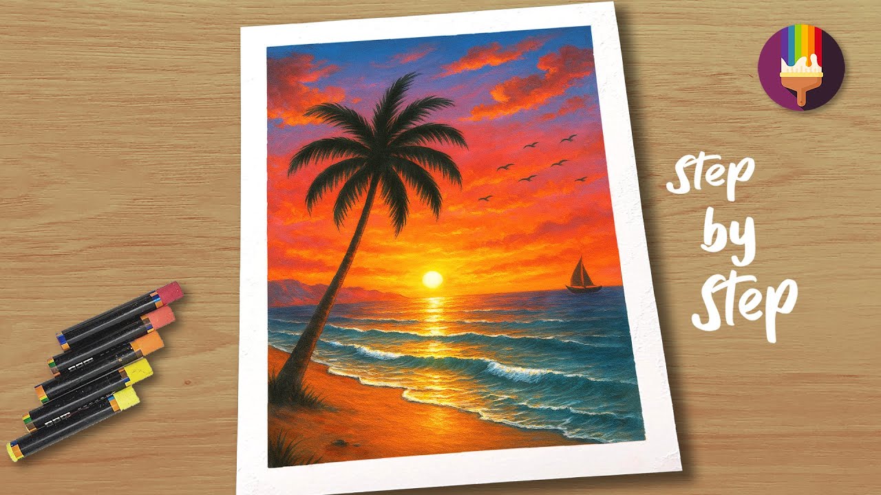 Easy Sunset Painting with Oil Pastels | Color Blending Tutorial