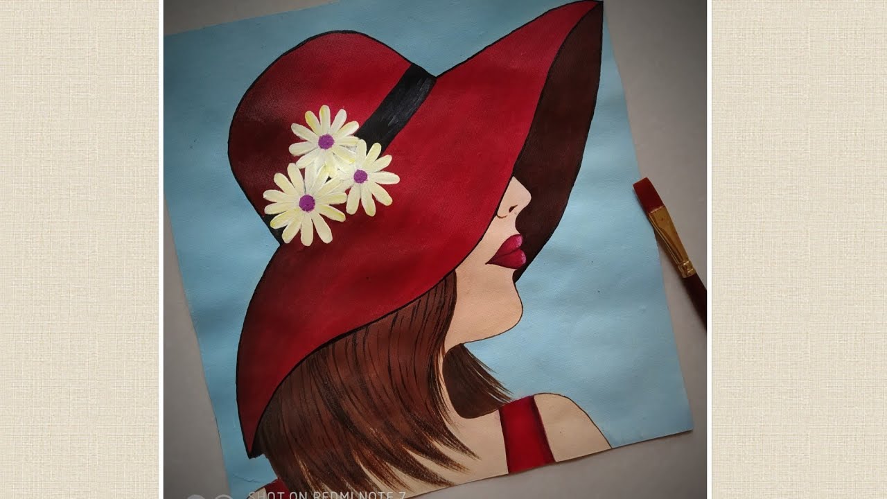 Lady in Red hat step by step Acrylic painting for beginners| Beautiful girl painting| Priyaartstudio