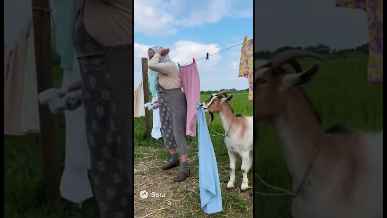 The goat keeps pulling her clean laundry from the line. 