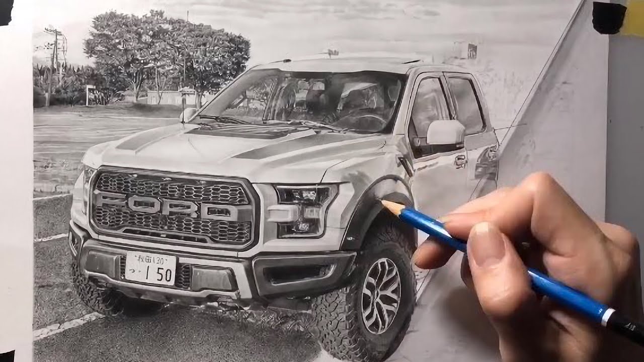 【Ford  Raptor  F-150】描いてみた 鉛筆画 描き初めから完成まで一部始終のフル動画(1080HD) 車の絵 / 風景画 / フォードラプター / Pencil Drawing