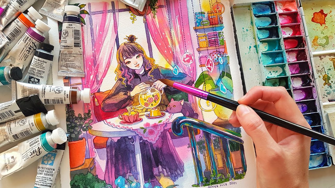 tea time - watercolor painting process