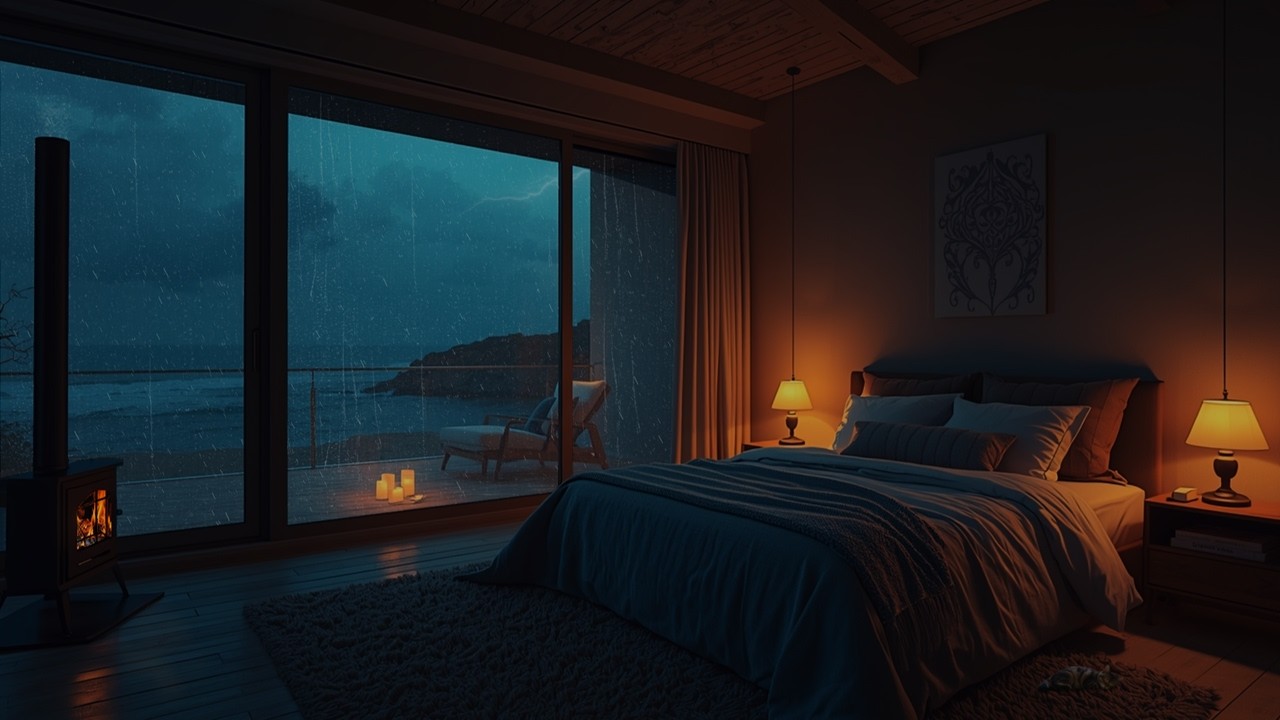 Relaxing Rain & Ocean Waves Sounds 🌧️🌊 | Cozy Fireplace Ambience for Sleep 🔥