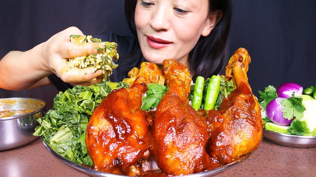 Eating Spicy Chicken Curry/gravy and Saag with Rice #ASMR/EATING SHOW #MUKBANG BIG BITES