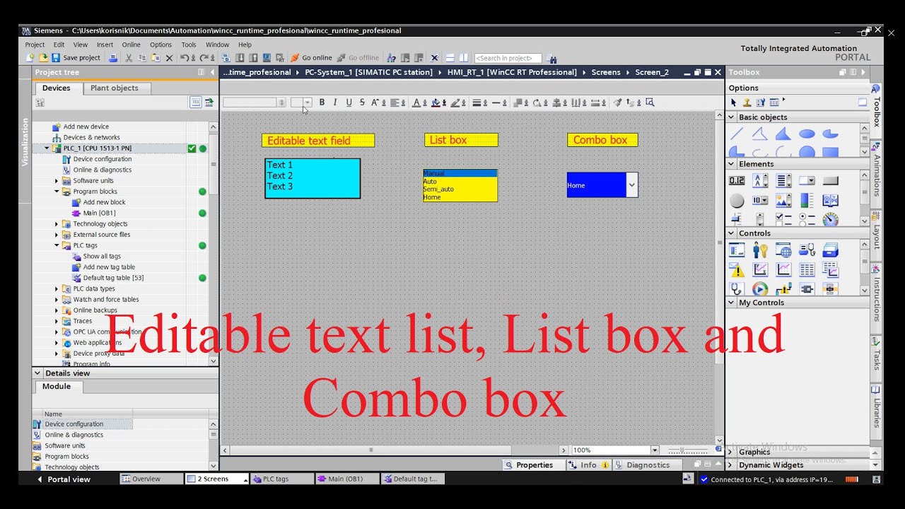 TIA Portal WinCC (Editable text field, List box and Combo box)