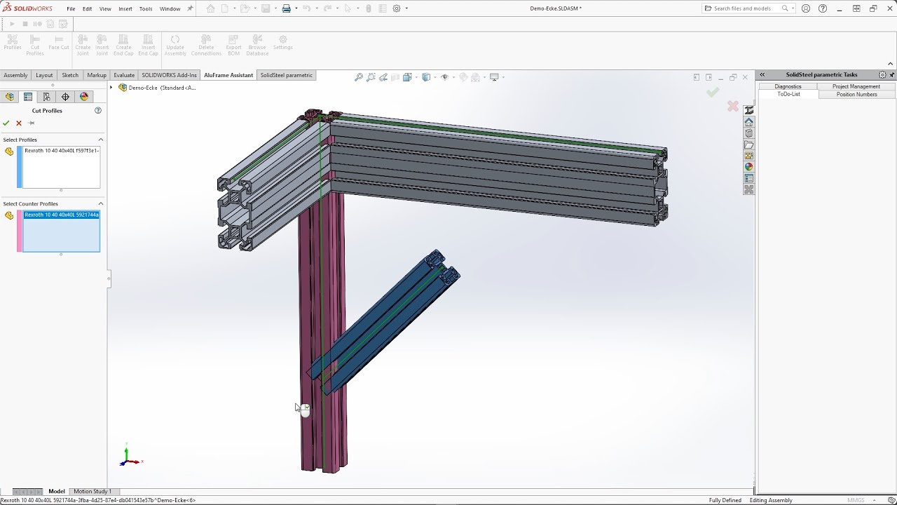 AluFrame Assistant for SOLIDWORKS - Feature Detail - Cutting and extend profiles
