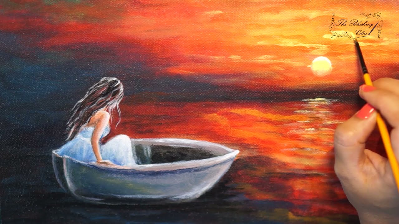 Girl in Sunset/Easy acrylic painting