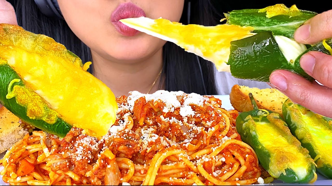 ASMR CHEESY Mozzarella Jalapeño & Spaghetti (Crunchy Eating Sounds) No Talking Eating Show ASMR Phan
