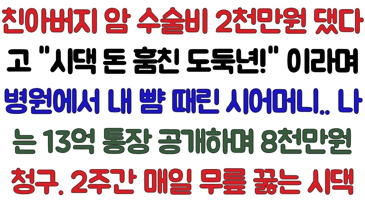 친아버지 암 수술비 2천만 원 댔다고 '시댁 돈 훔친 도둑년'이라며 병원에서 뺨 때린 시어머니. 나는 13억 통장 공개하며 7년치 생활비 8천만 원 청구했다. 2주간 매일...