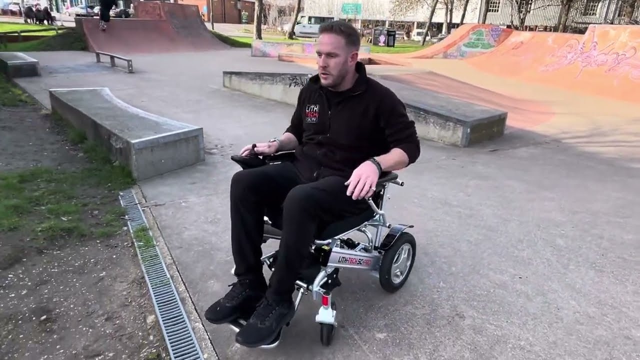 The best Folding Powerchair tackles a skate park and long wet grass - LITH-TECH SMART CHAIR PRO 