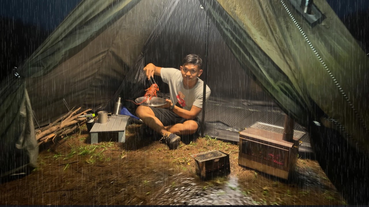 HOT TENT RAIN CAMPING IN STORM ⛈️ SOLO RELAXING IN HEAVY RAIN &bull; WOOD STOVE ASMR