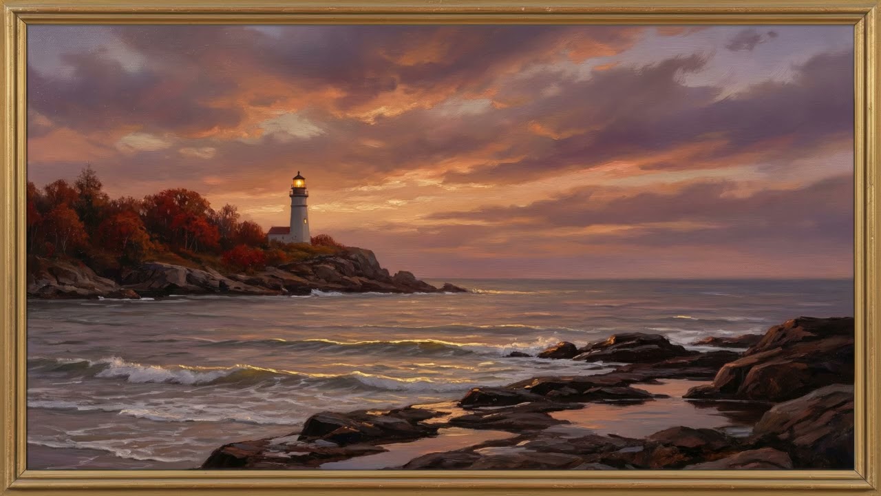 Framed Autumn Lighthouse Coast Oil Painting 4K (1HR) – Dramatic Sunset Waves | Relaxing TV Art